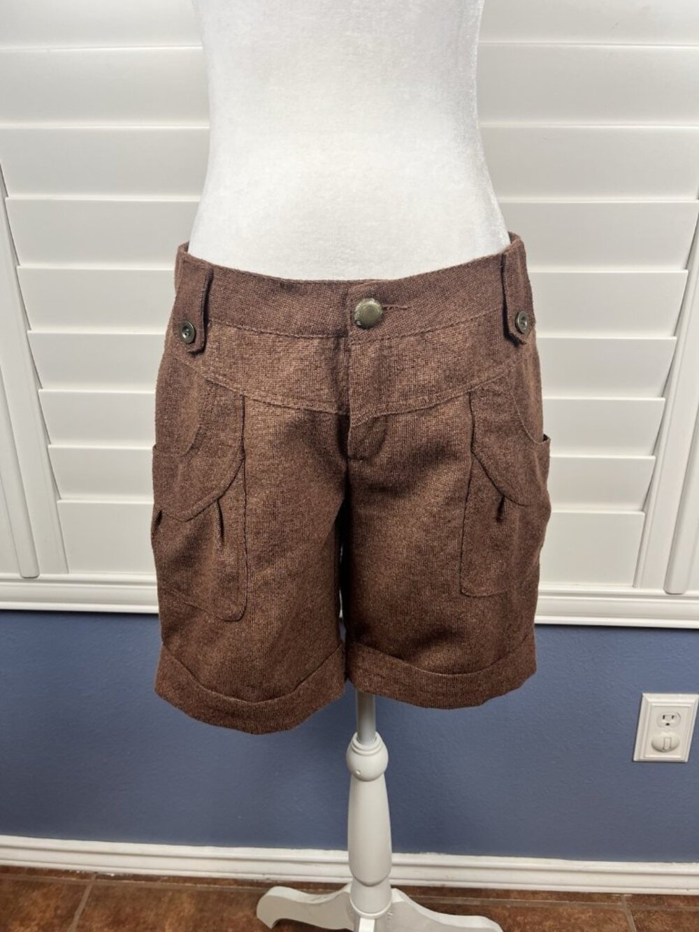 Brown Tweed Bermuda women's Shorts Button Closure Flat Front Solid